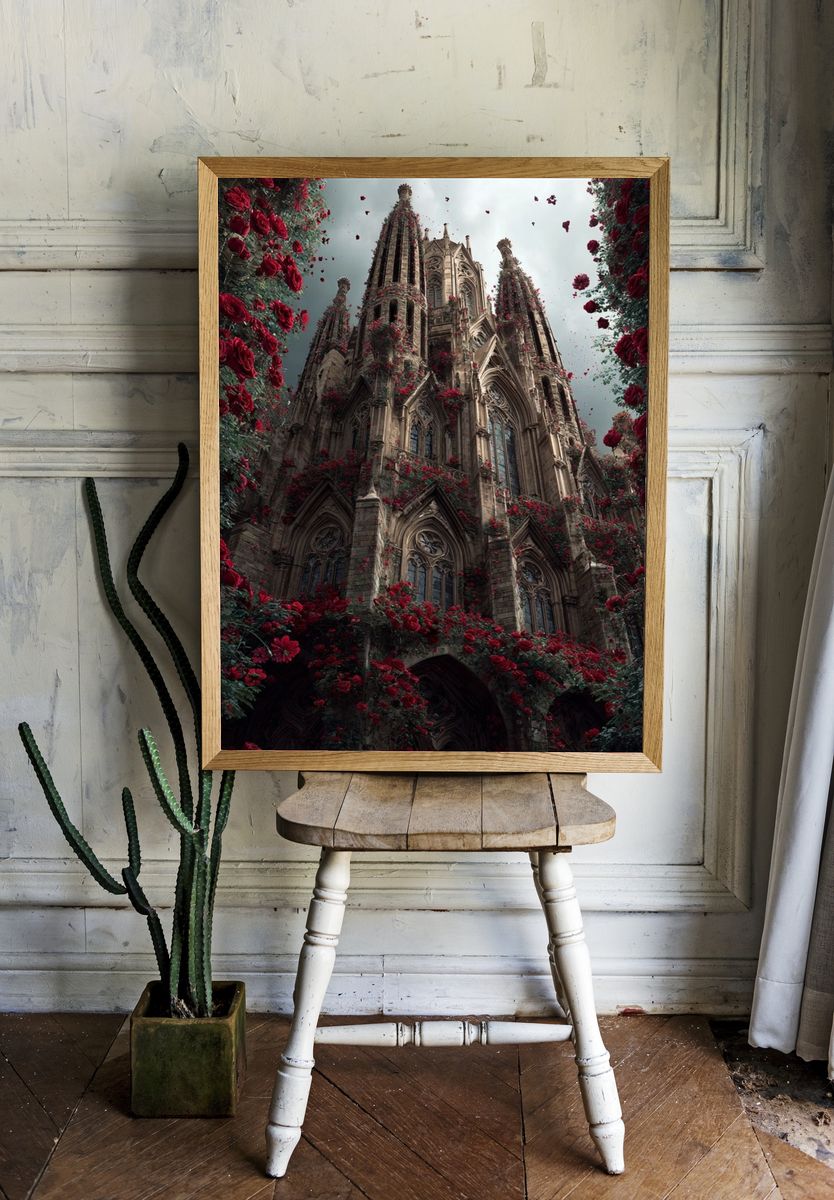 Gothic Cathedral with Roses — Fine Art Print. — room view 1