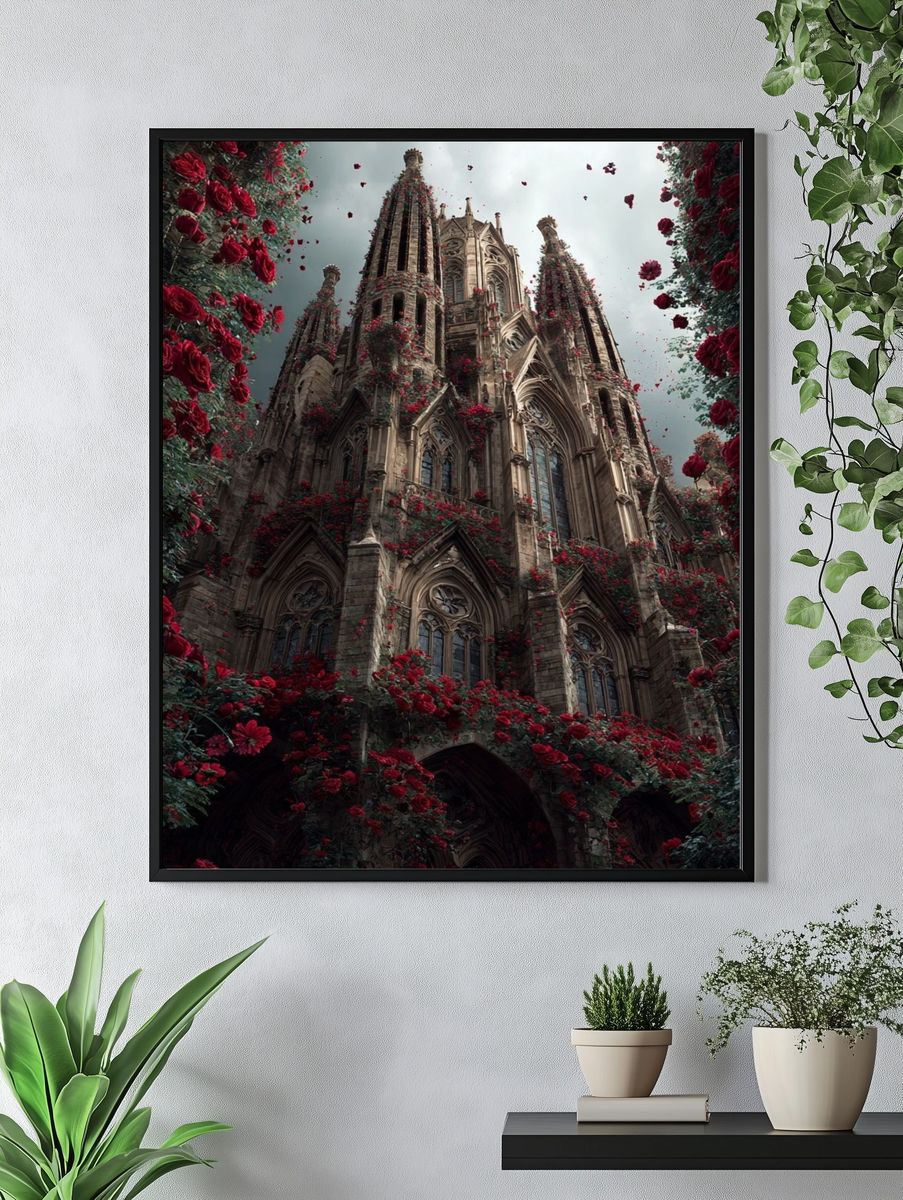 Gothic Cathedral with Roses — Fine Art Print. — room view 4