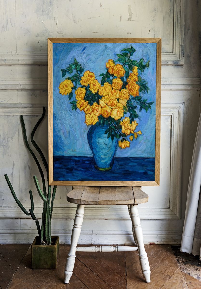 Yellow Roses in Blue Vase Print. — room view 1