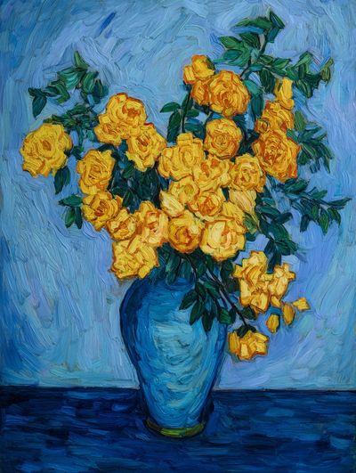 Yellow Roses in Blue Vase Print. poster print