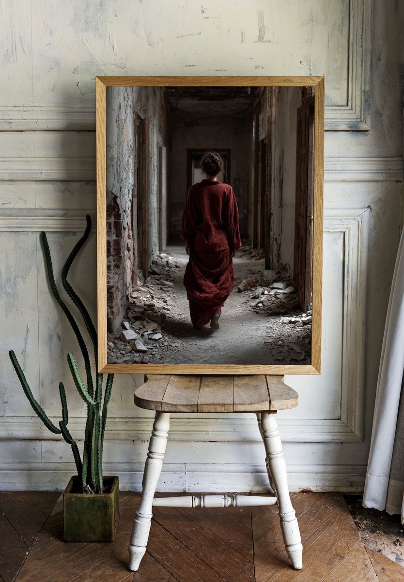 Woman in Abandoned Hallway — Fine Art Print room preview