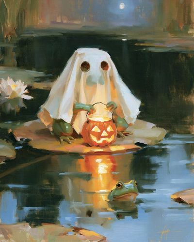 Halloween Ghost and Frog Pond Print. poster