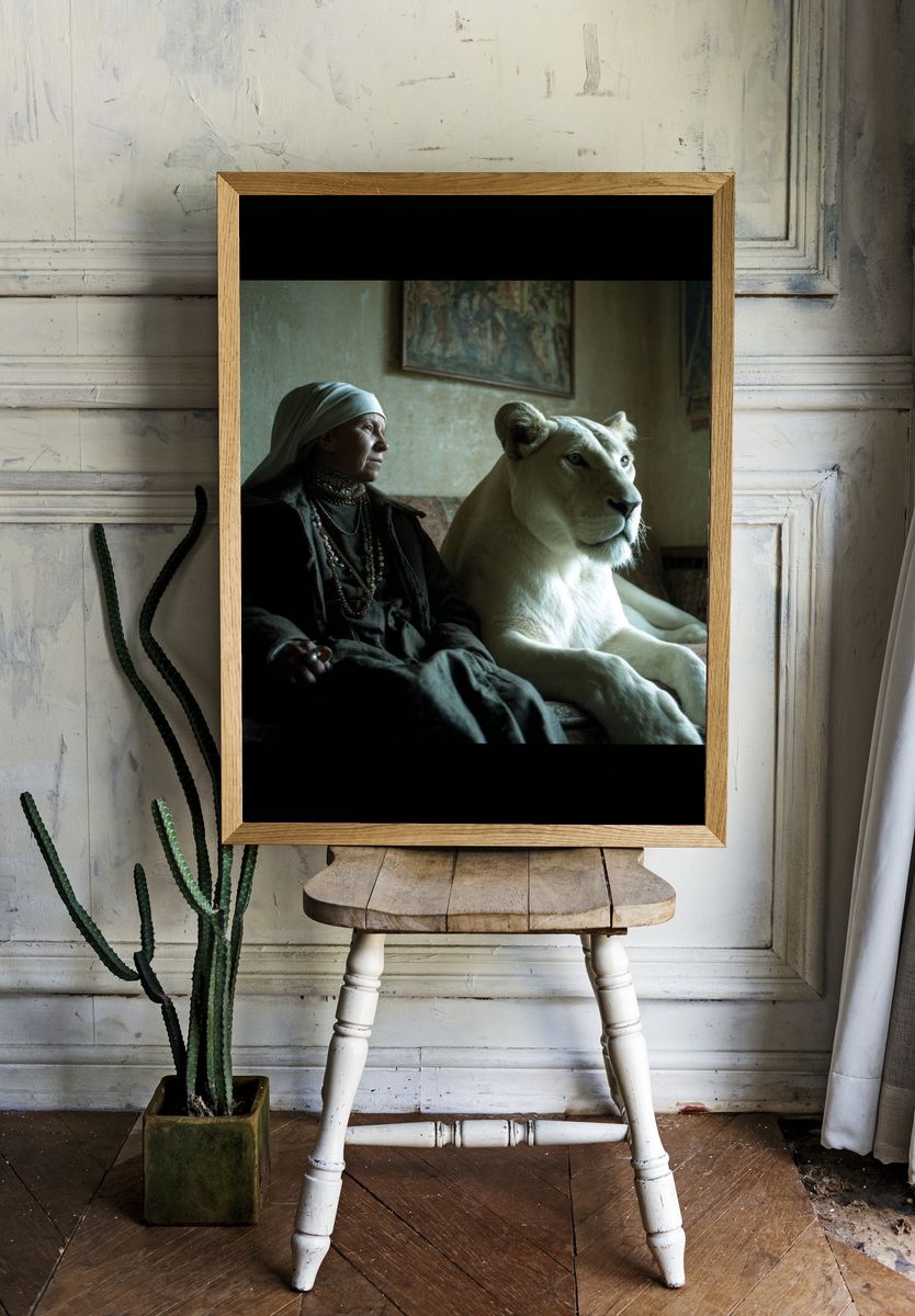 Woman with White Lion — Fine Art Print room preview