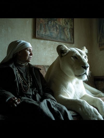Woman with White Lion — Fine Art Print. poster print