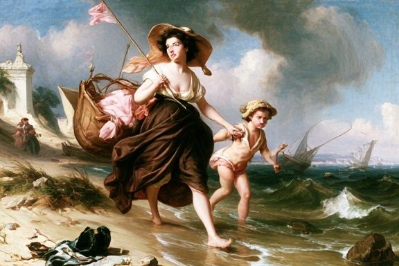 Seaside Mother and Child Painting Poster. poster — fine-art art