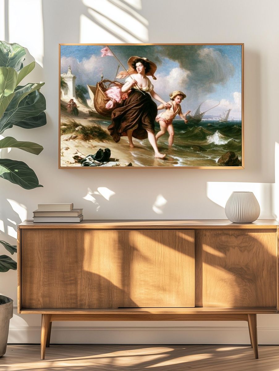 Seaside Mother and Child Painting Poster. — room view 3