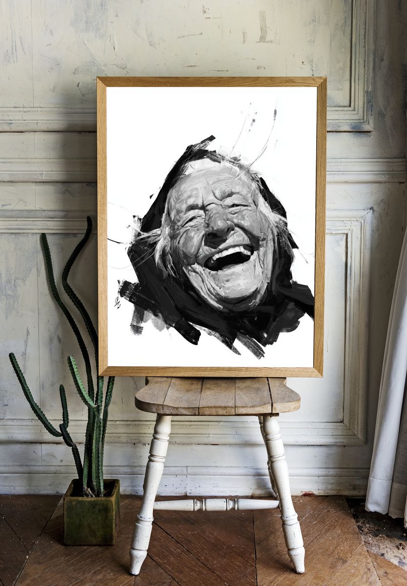Laughing Elder Portrait Print. room preview