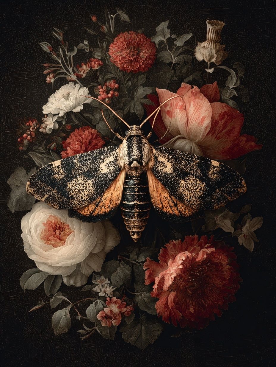 Moth and Floral Arrangement — Fine Art Print. poster — fine-art art