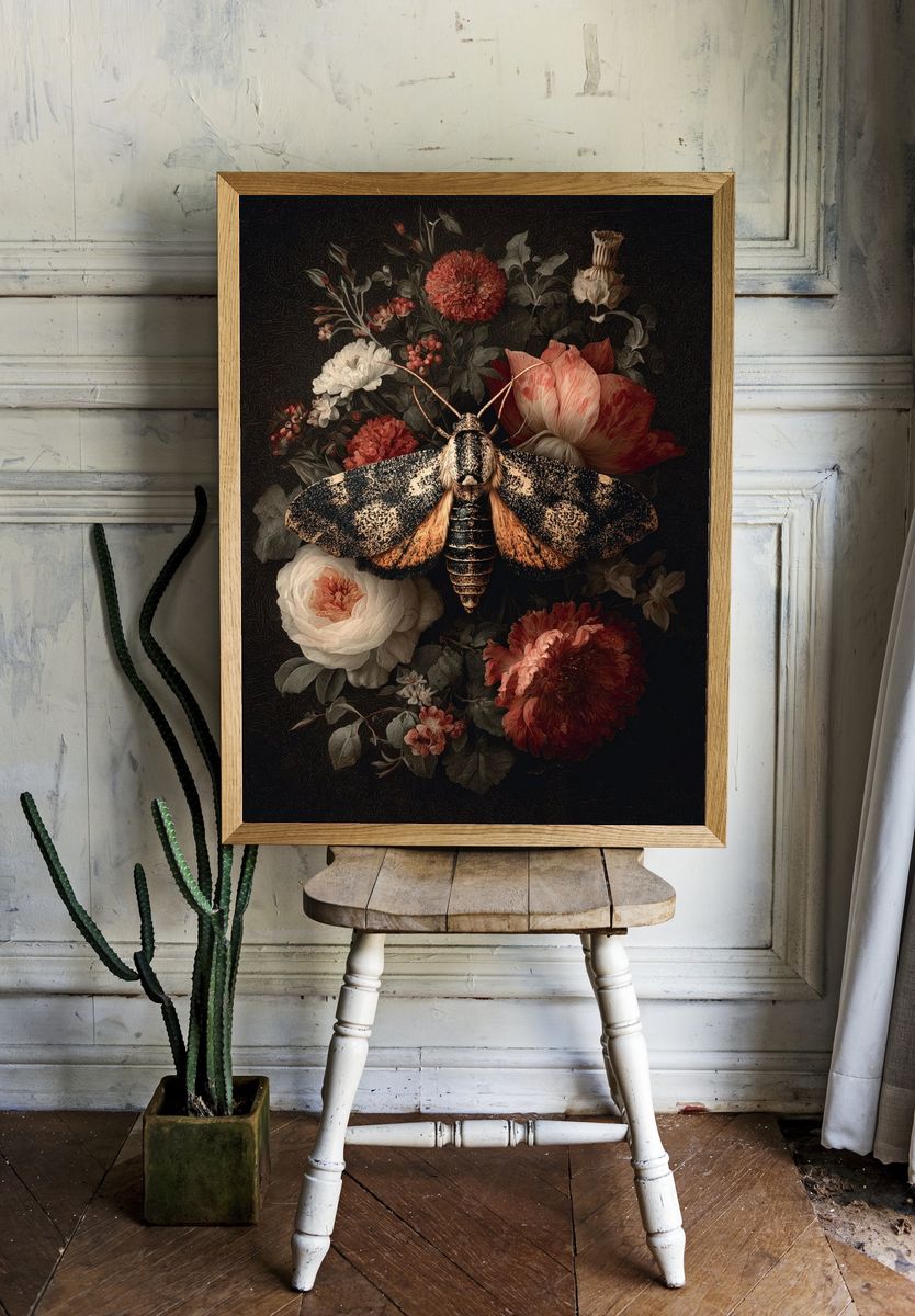 Moth and Floral Arrangement — Fine Art Print room preview