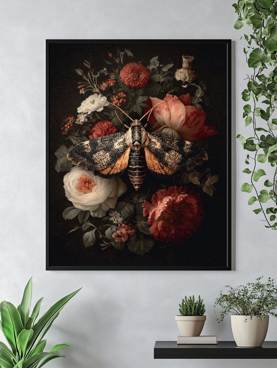 Moth and Floral Arrangement — Fine Art Print. — room view 4