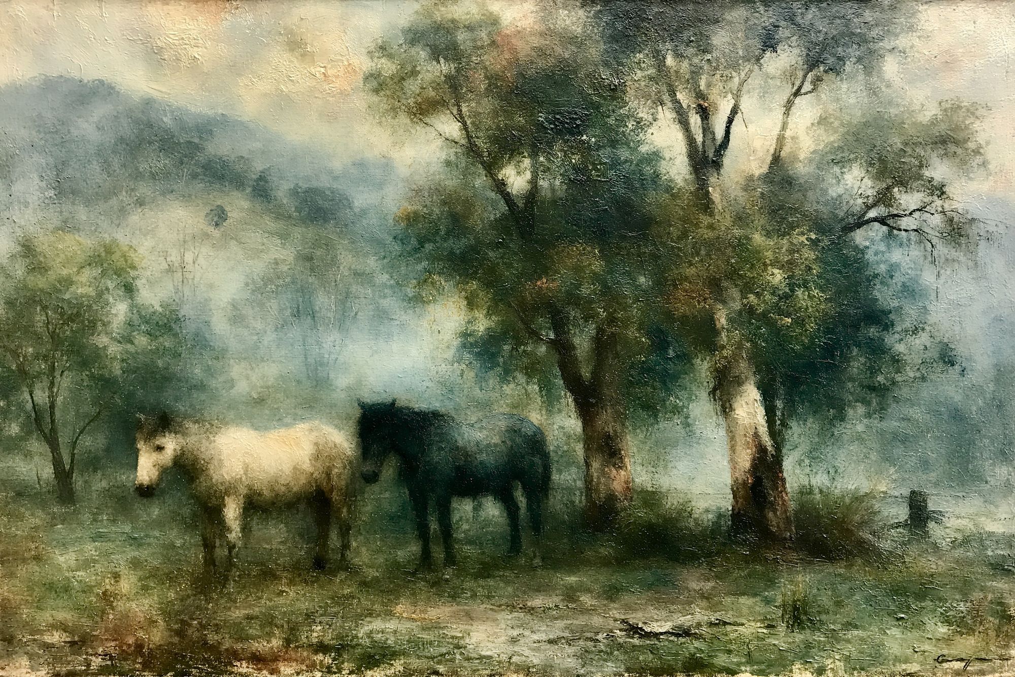 Horses in Misty Meadow Fine-Art Poster. poster detail