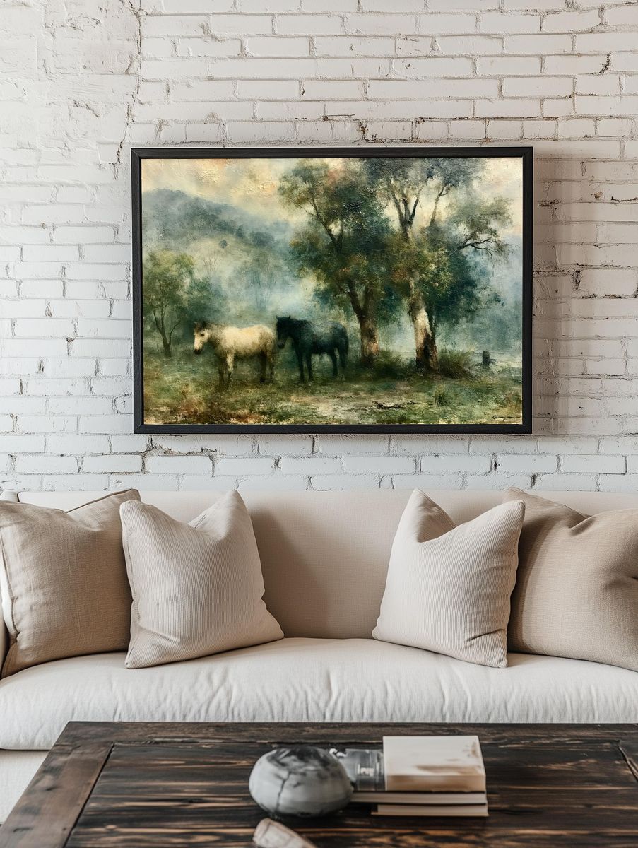 Horses in Misty Meadow Fine-Art Poster. room preview