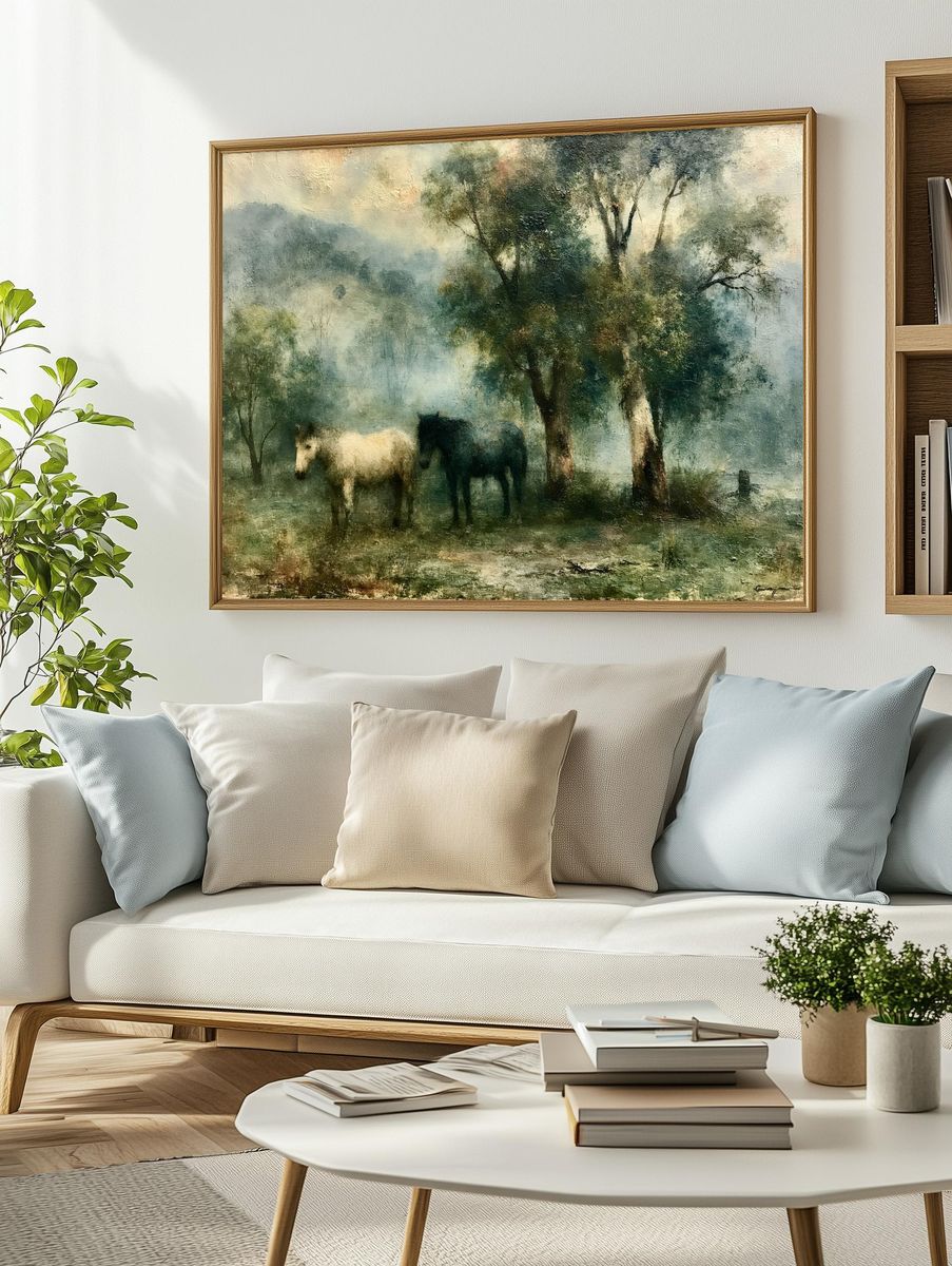 Horses in Misty Meadow Fine-Art Poster. — room view 2