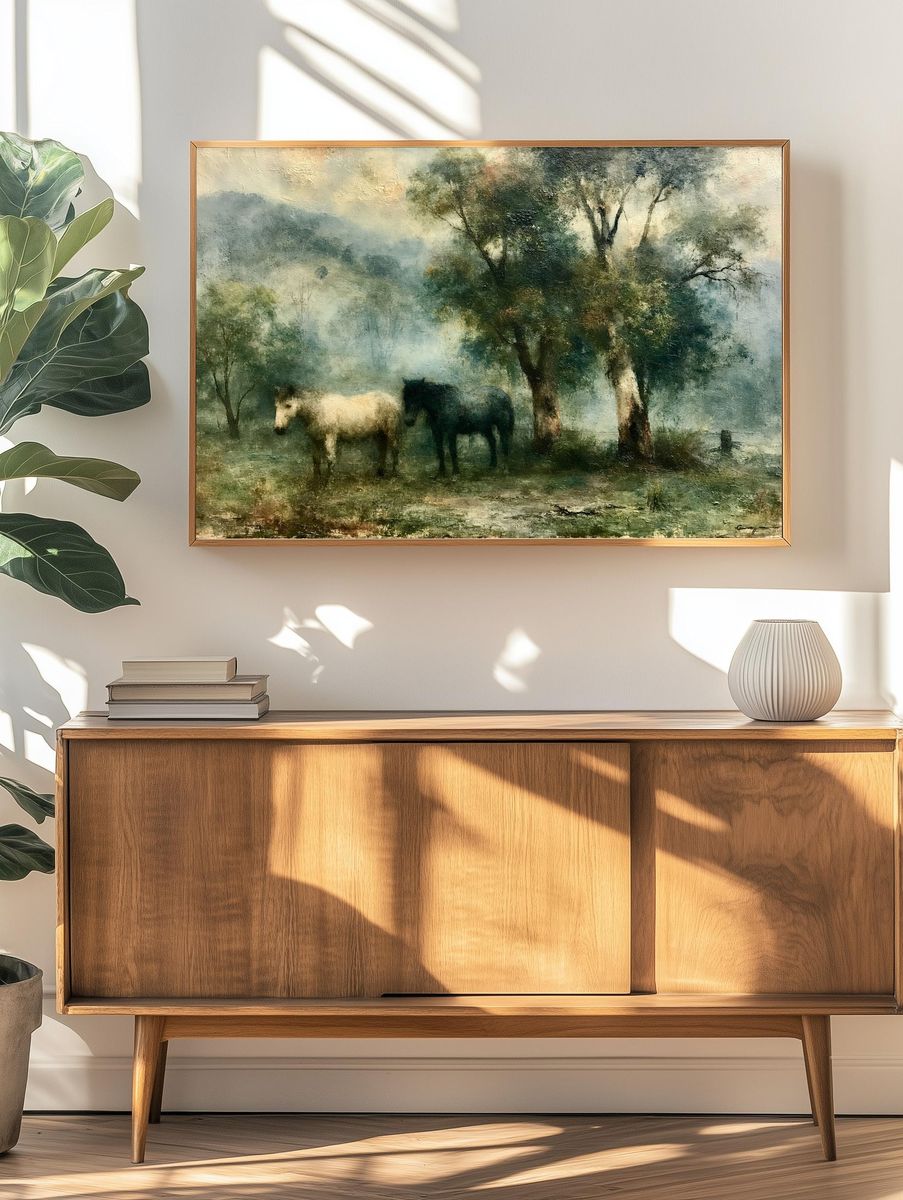 Horses in Misty Meadow Fine-Art Poster. — room view 3