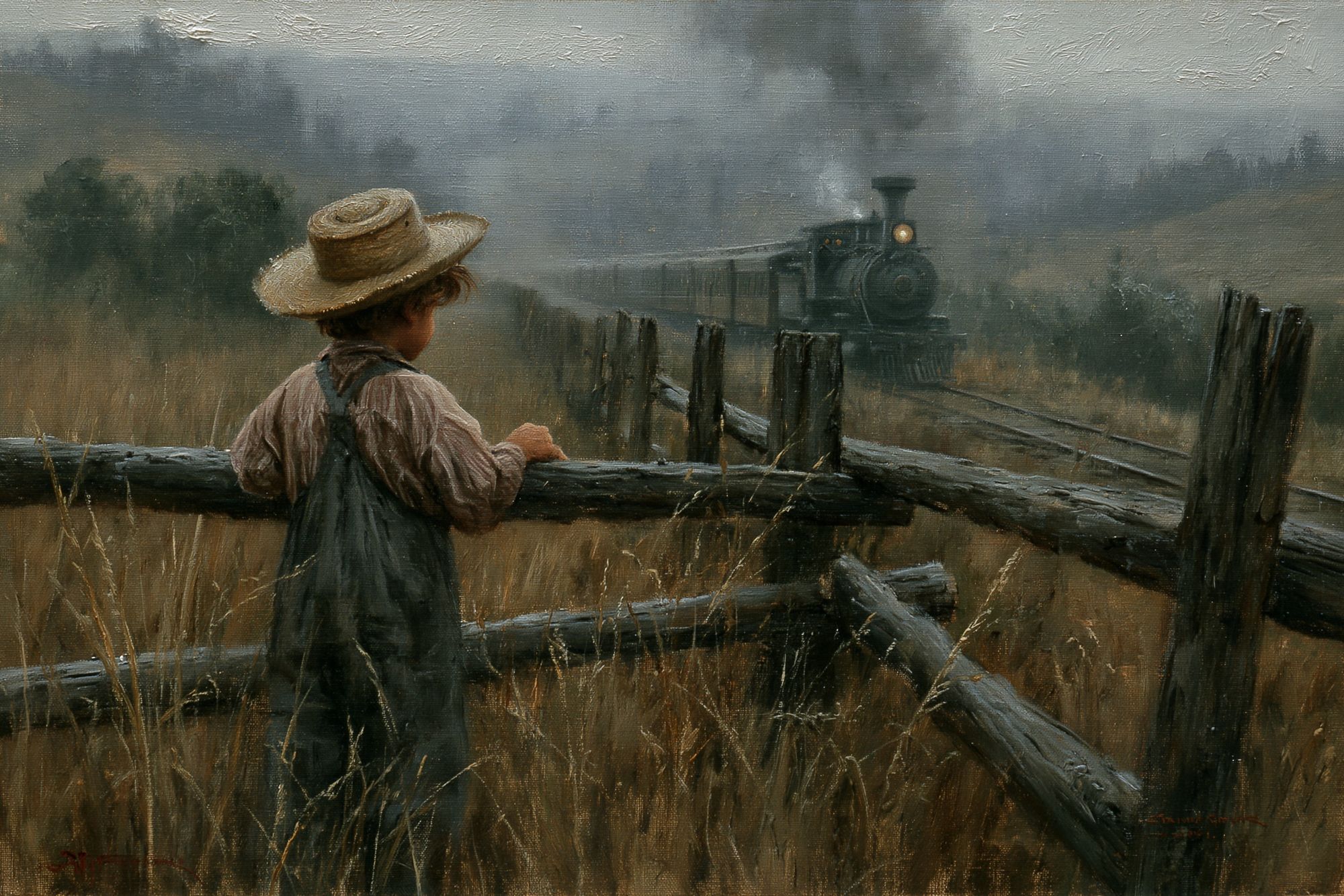 Boy Watching Steam Train Poster. poster — fine-art art