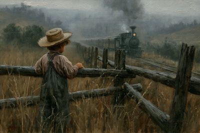 Boy Watching Steam Train Poster. poster