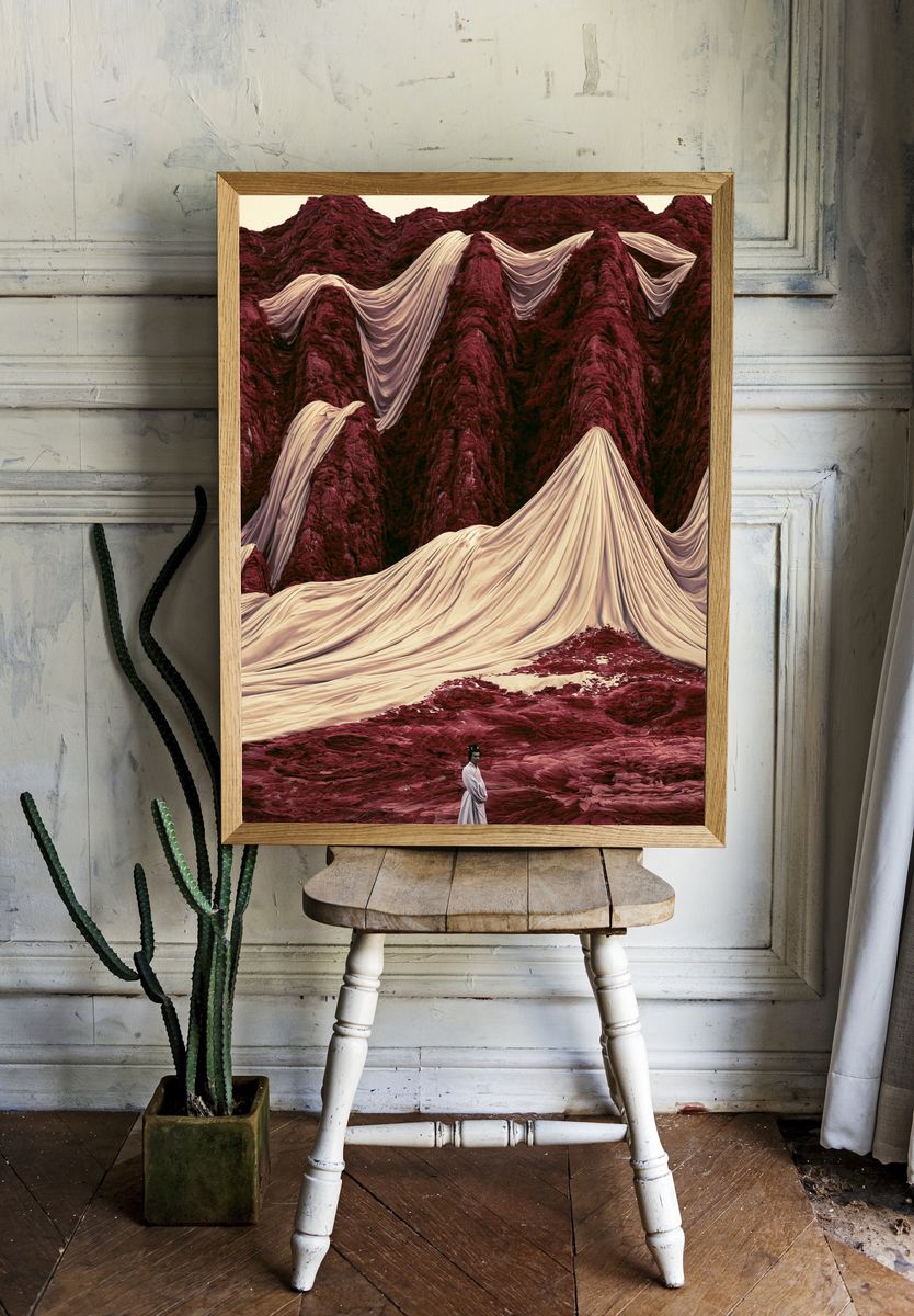 Surreal Crimson Mountains Print. room preview