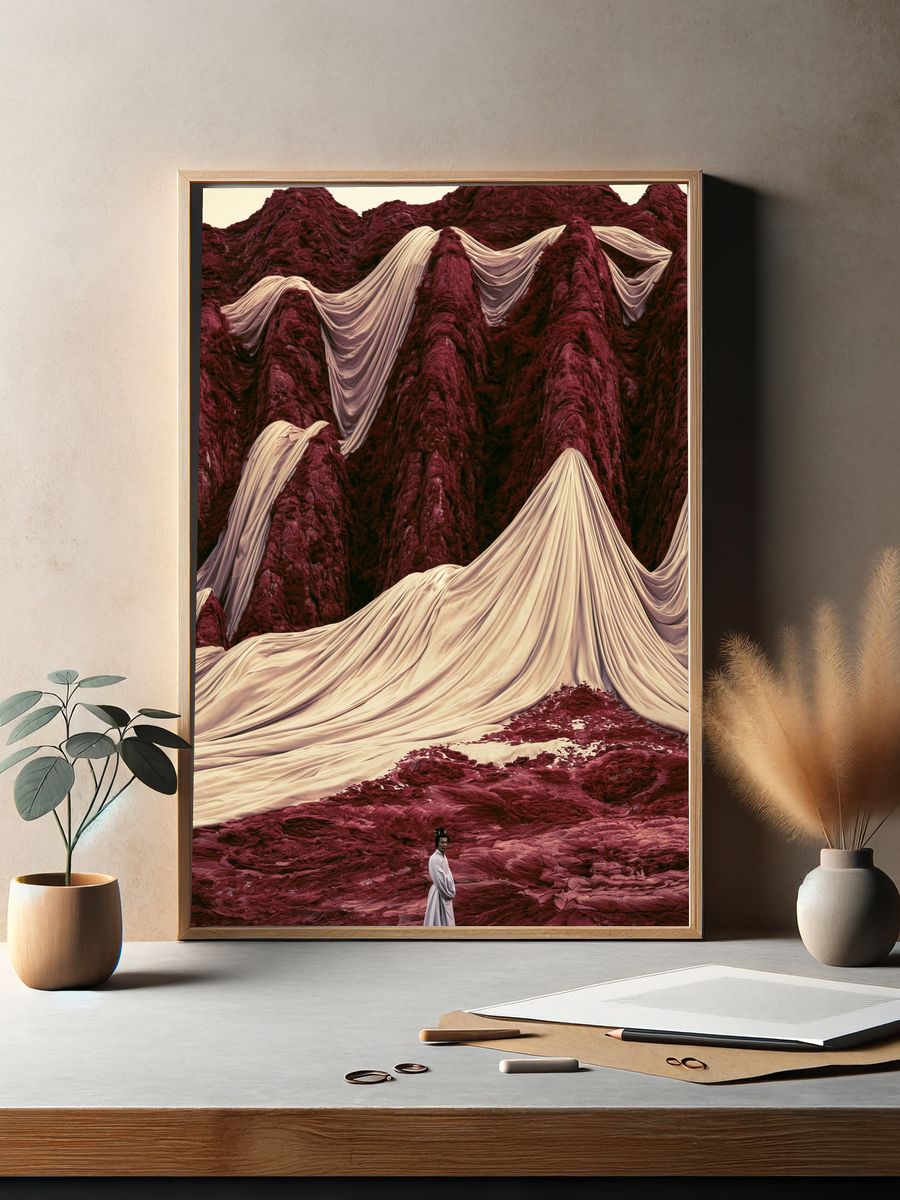 Surreal Crimson Mountains Print. — room view 2