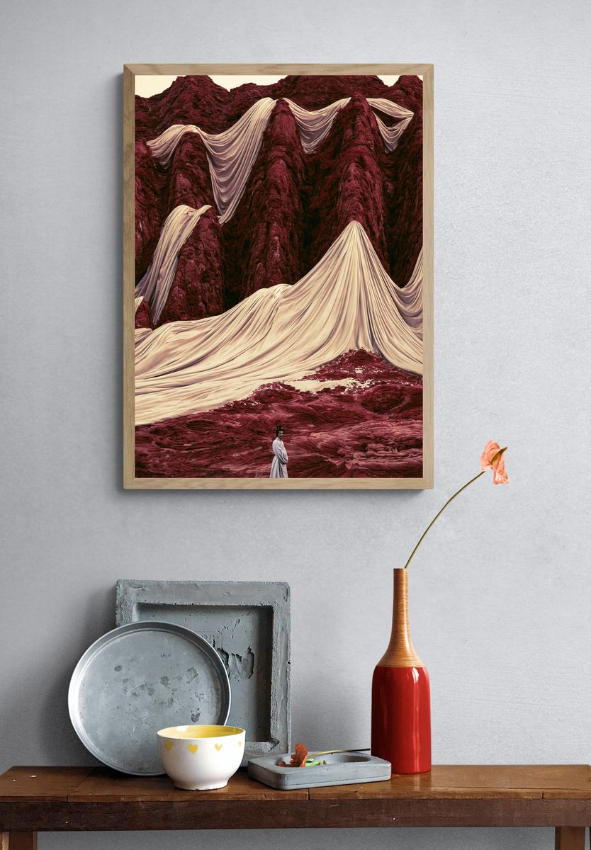 Surreal Crimson Mountains Print. — room view 3
