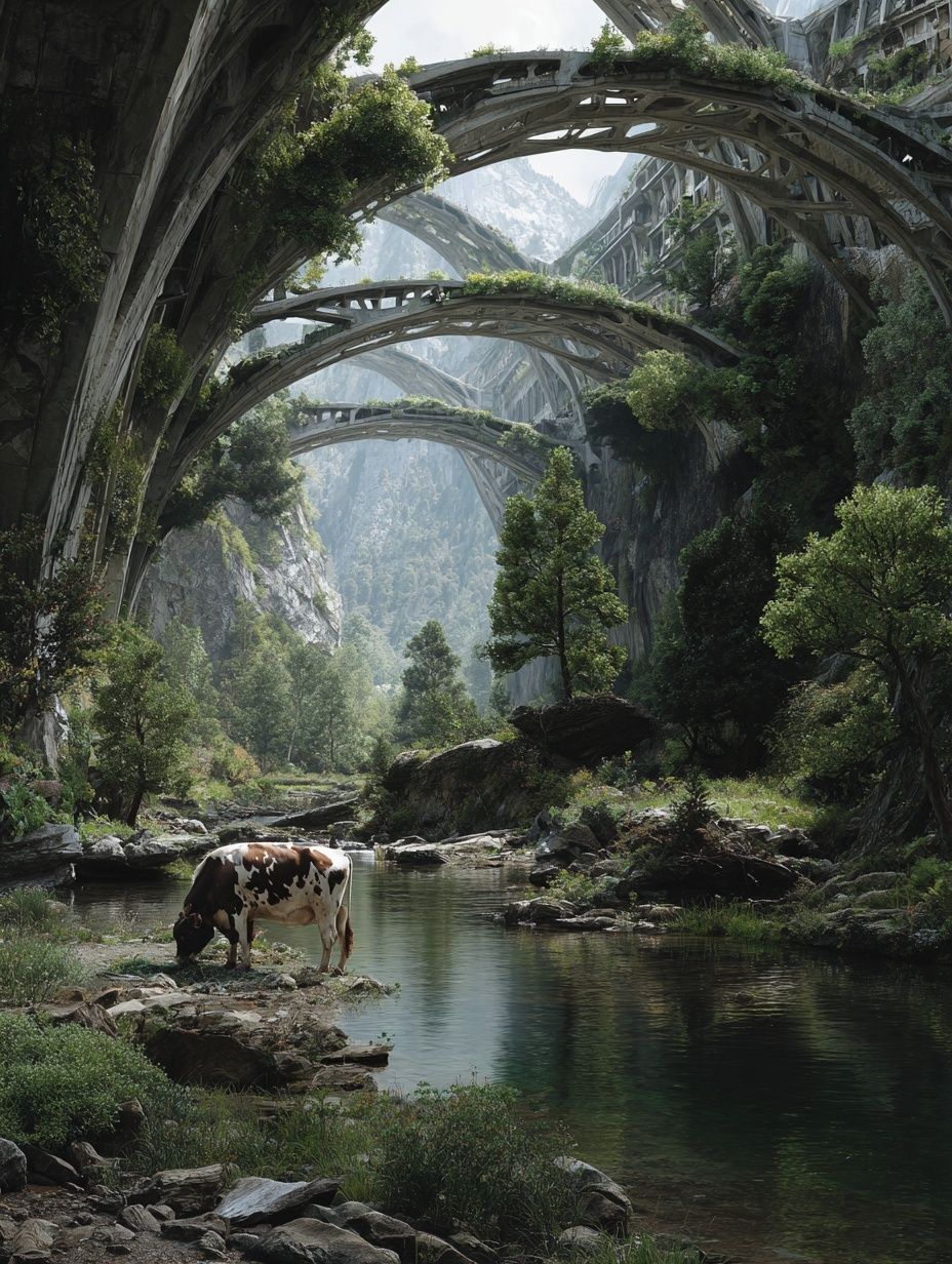 Futuristic Valley Cow Landscape Print. poster — fine-art art