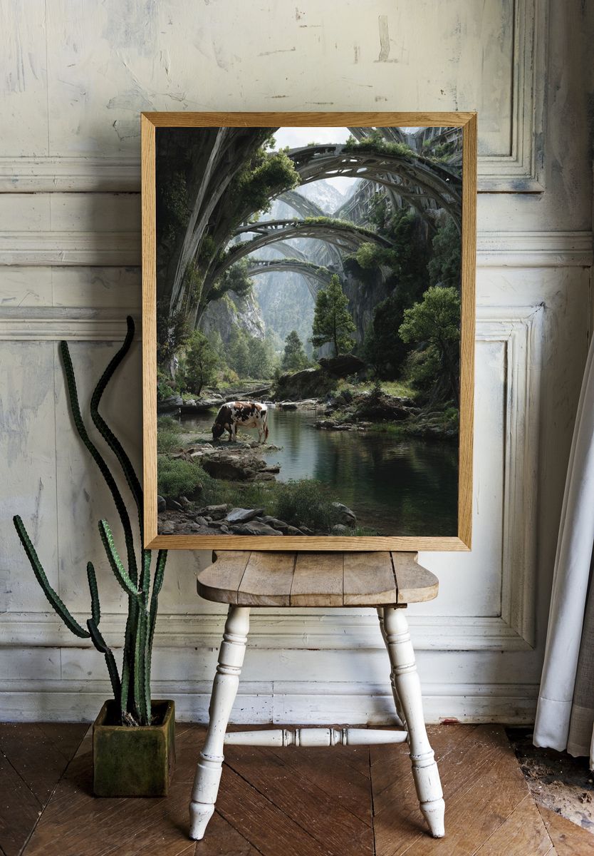 Futuristic Valley Cow Landscape Print. room preview