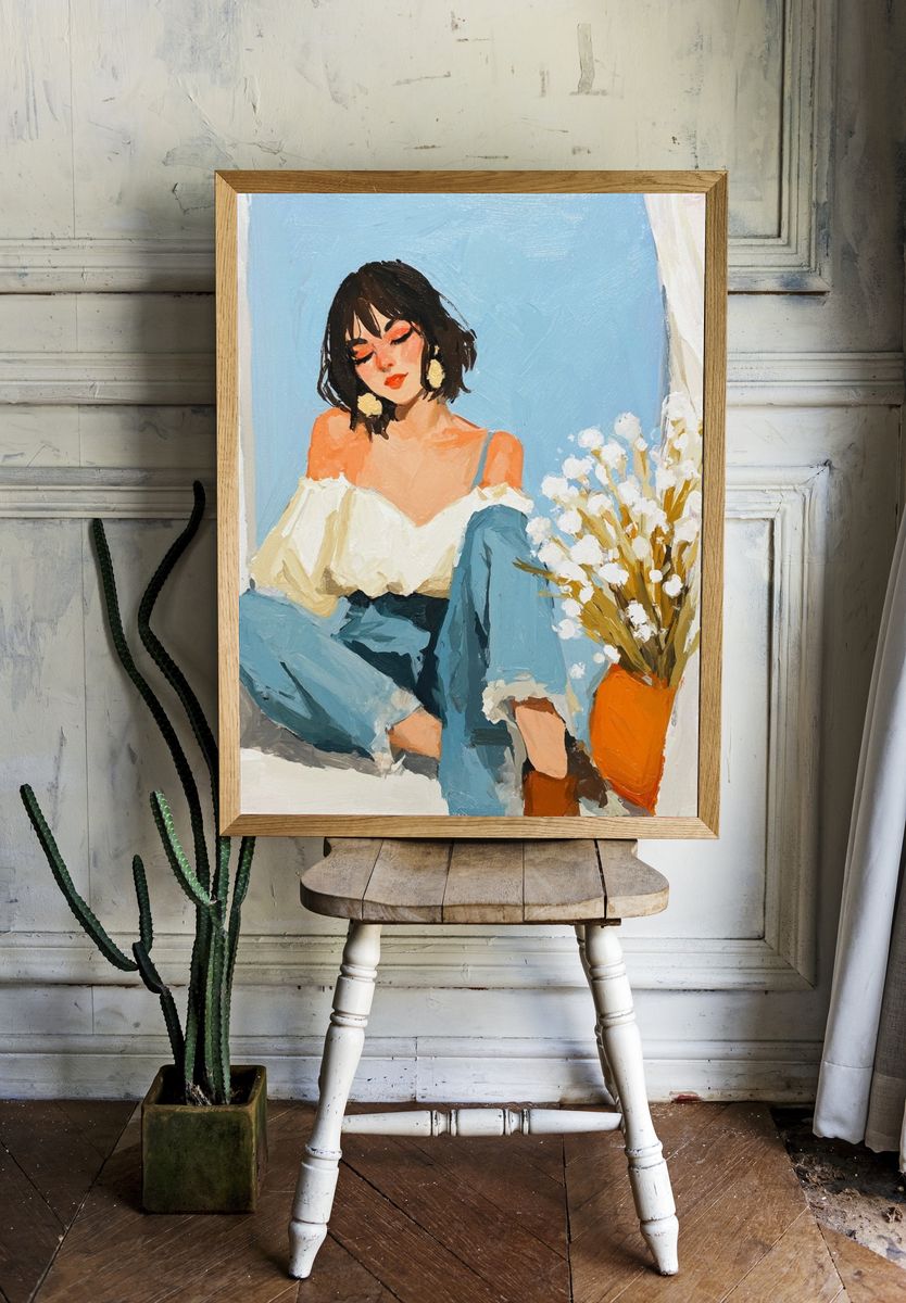 Blue Window Portrait Illustration Poster. room preview