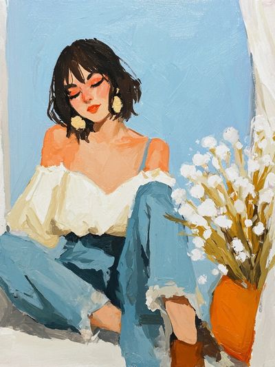 Blue Window Portrait Illustration Poster. poster print