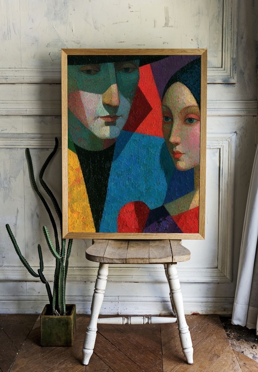 Cubist Couple Portrait Print. room preview