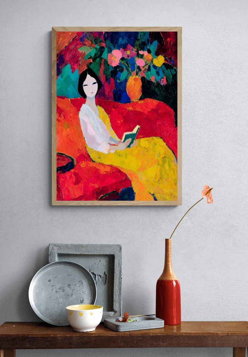 Woman Reading Colorful Fauvist Poster. — room view 3