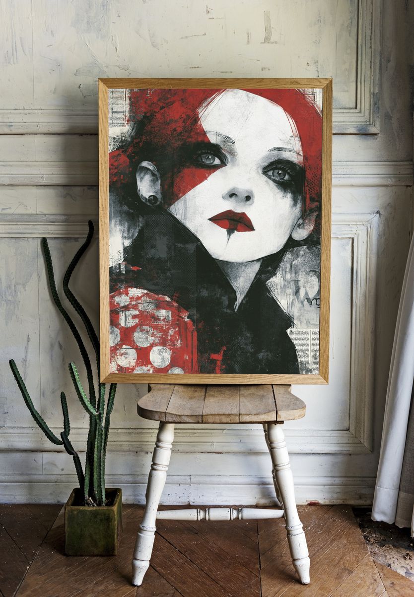 Red and Black Woman Portrait Print. — room view 1