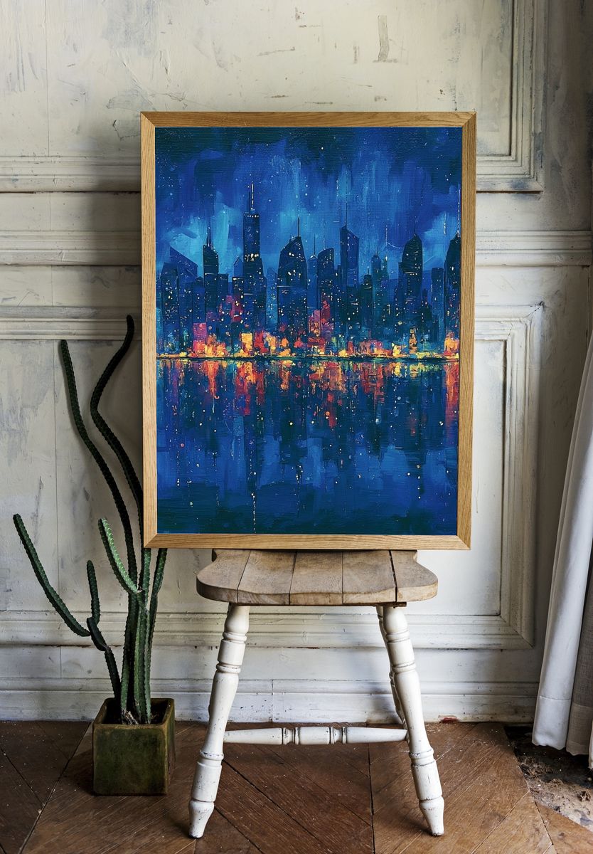 Blue City Skyline Night Print. room preview