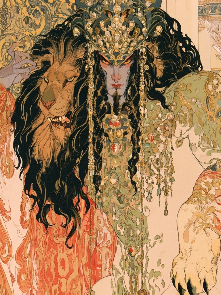 Lion and Woman Art Nouveau Poster. poster detail