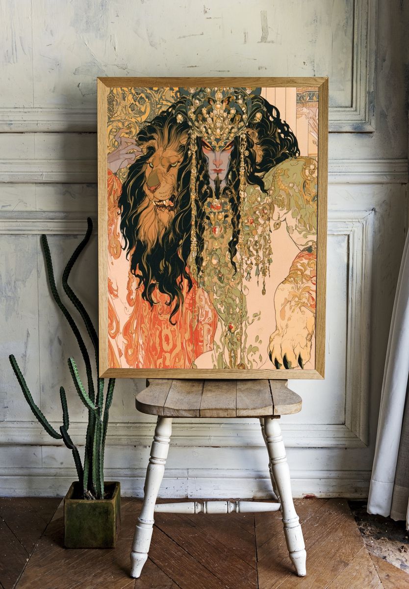 Lion and Woman Art Nouveau Poster. room preview