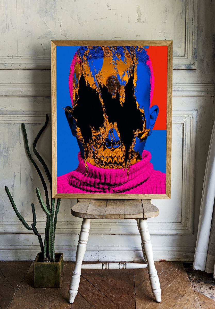 Neon Skull Portrait Print. room preview