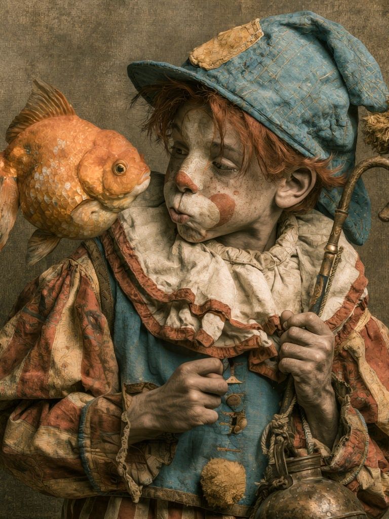 Surreal Clown and Goldfish Print. poster detail