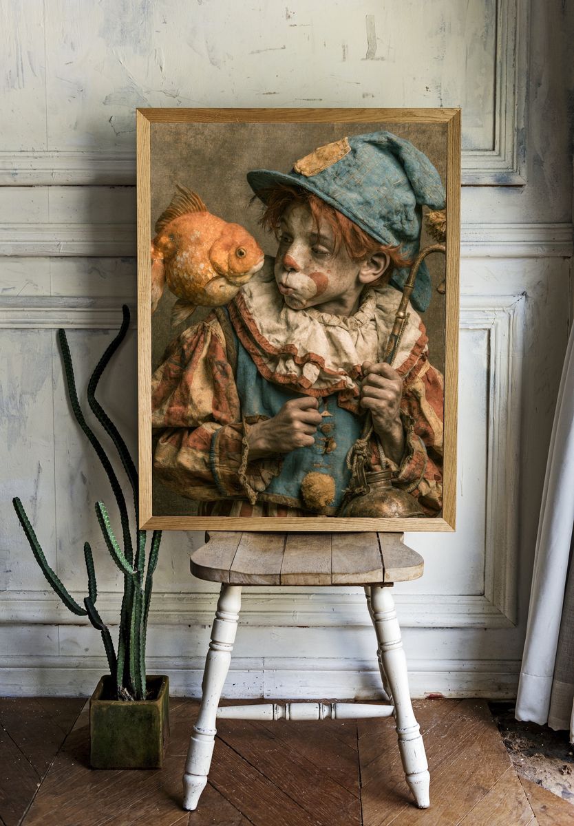 Surreal Clown and Goldfish Print. room preview