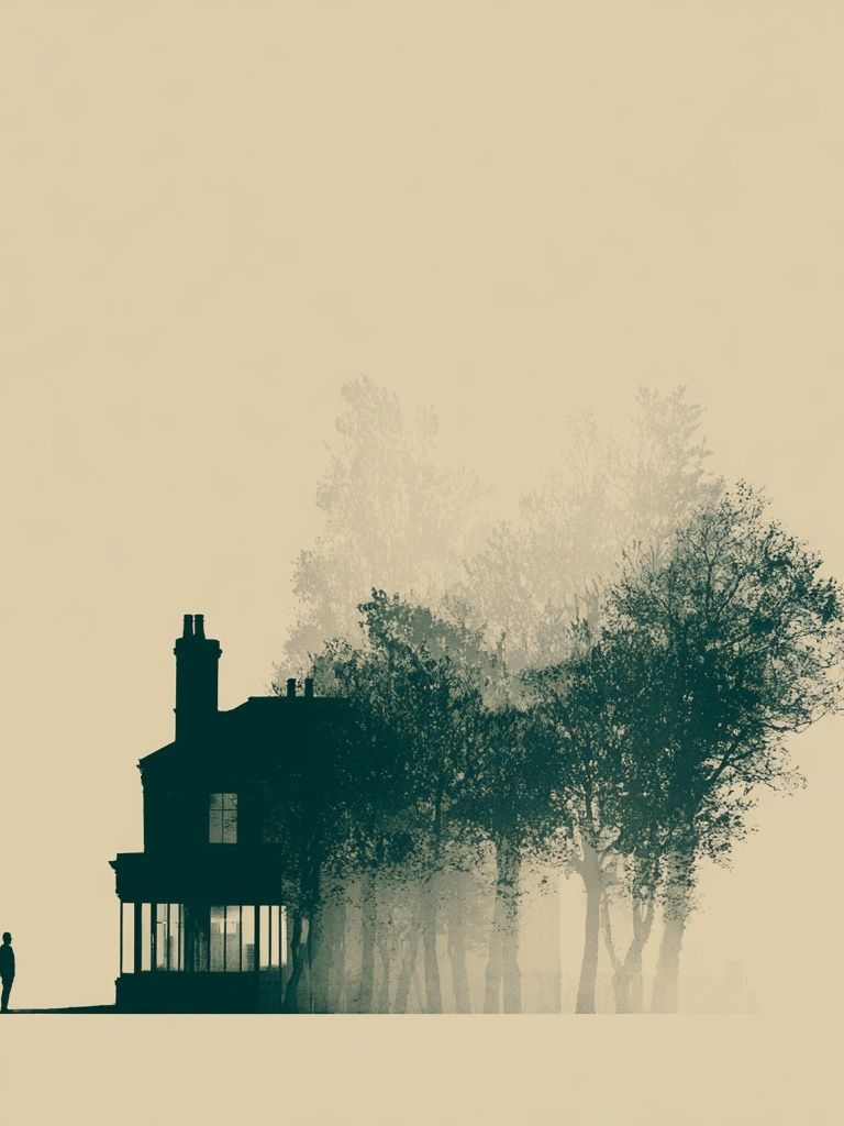 Misty House and Trees Print. poster — fine-art art