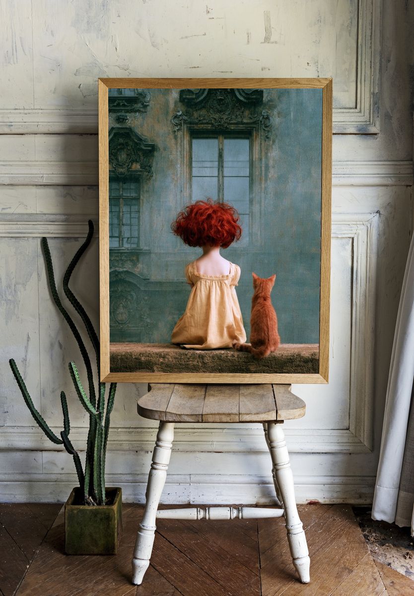 Girl and Cat Surrealism Print. room preview