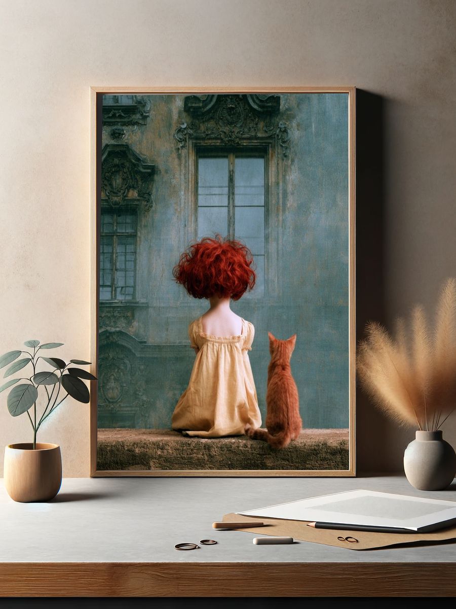 Girl and Cat Surrealism Print. — room view 2