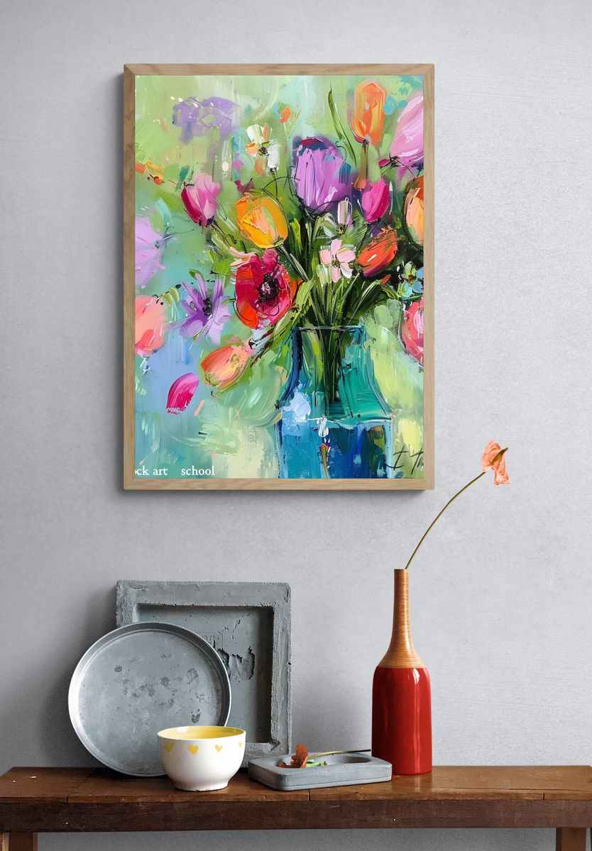 Colorful Tulip Bouquet Illustration Poster. — room view 3