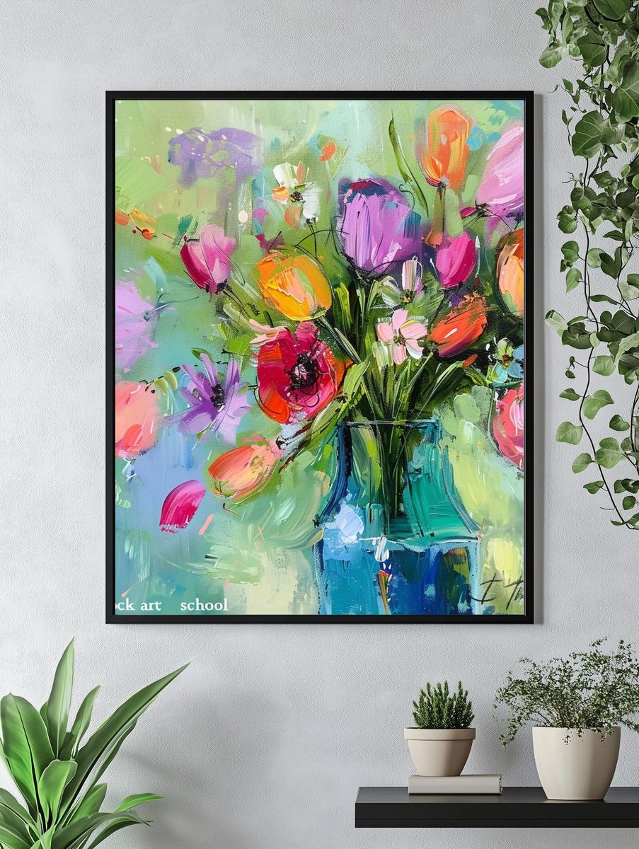 Colorful Tulip Bouquet Illustration Poster. — room view 4