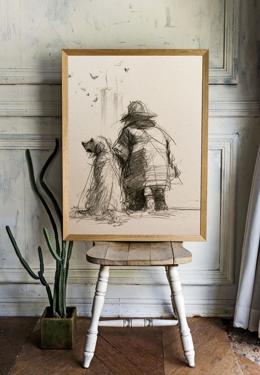 Dog and Child Sketch Poster. — room view 1