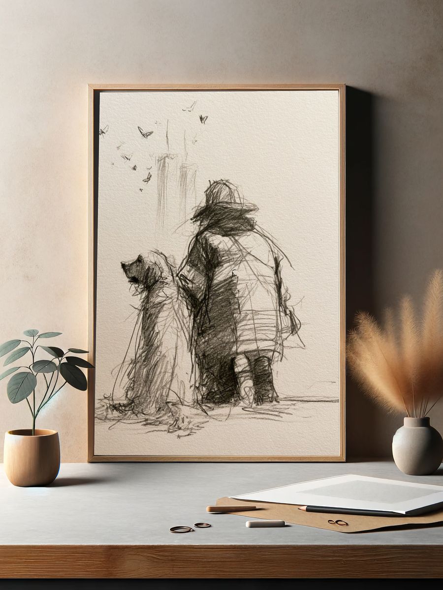 Dog and Child Sketch Poster. — room view 2
