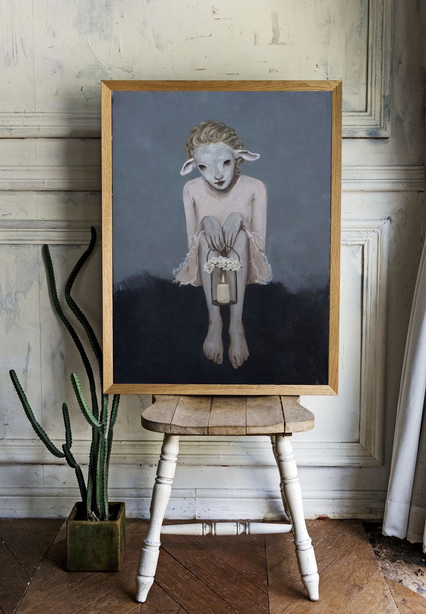 Sheep Mask Surrealist Print. room preview