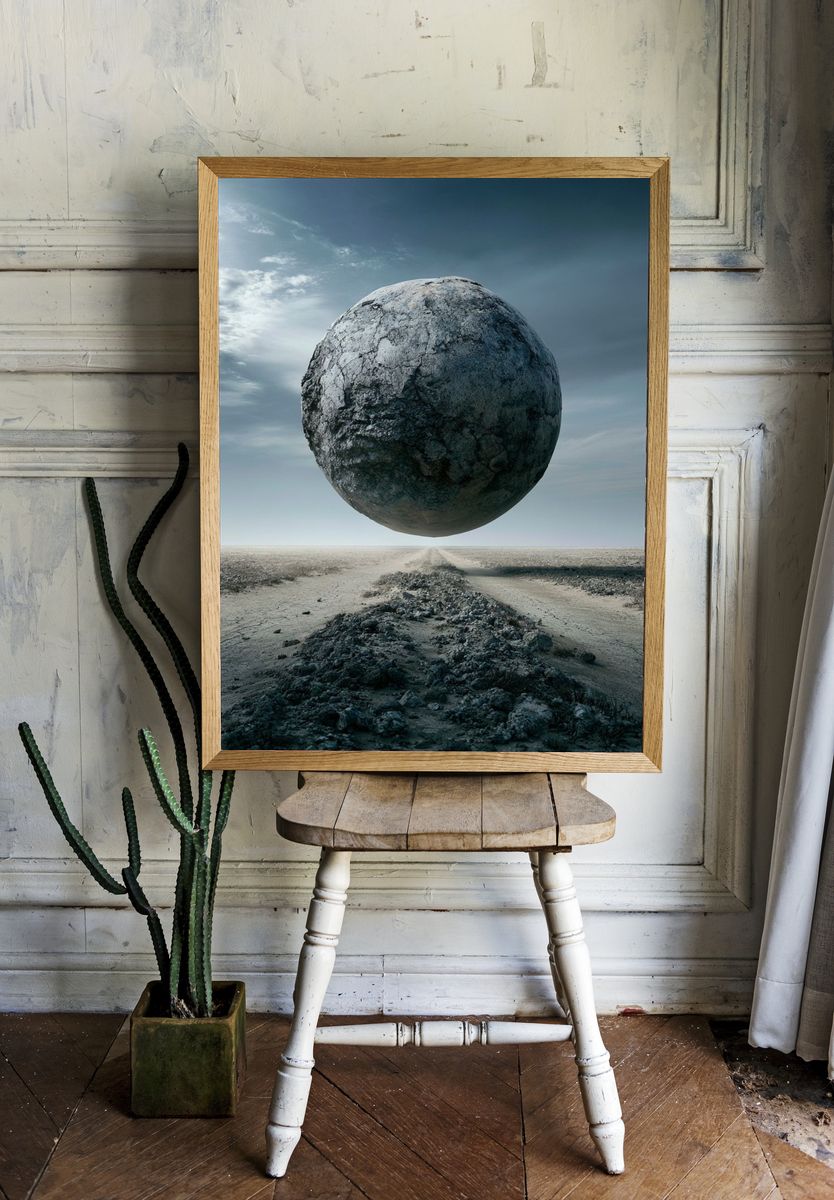Floating Stone Sphere Surrealism Print. — room view 1