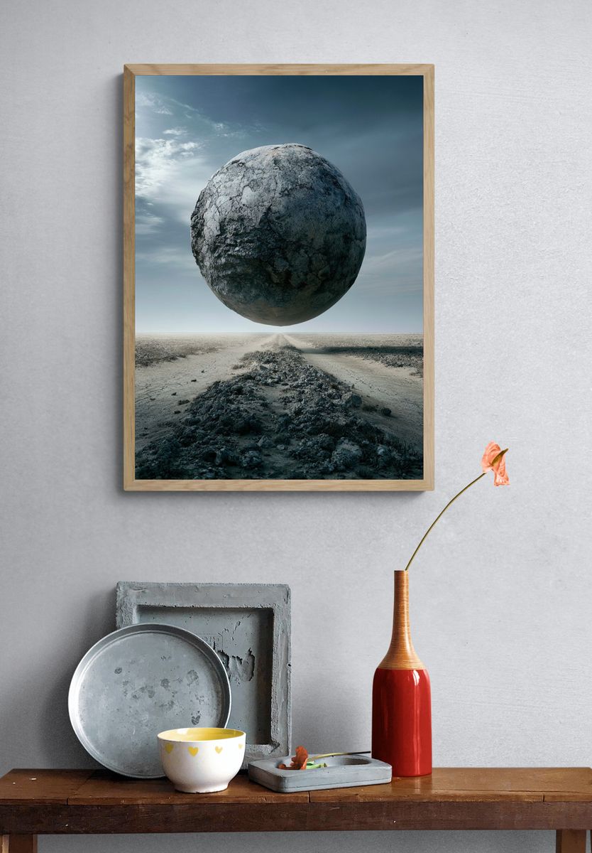 Floating Stone Sphere Surrealism Print. — room view 3
