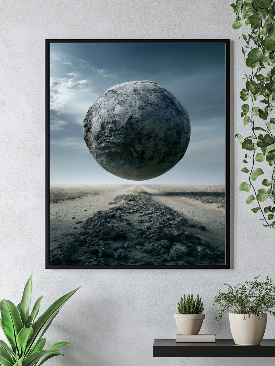 Floating Stone Sphere Surrealism Print. — room view 4