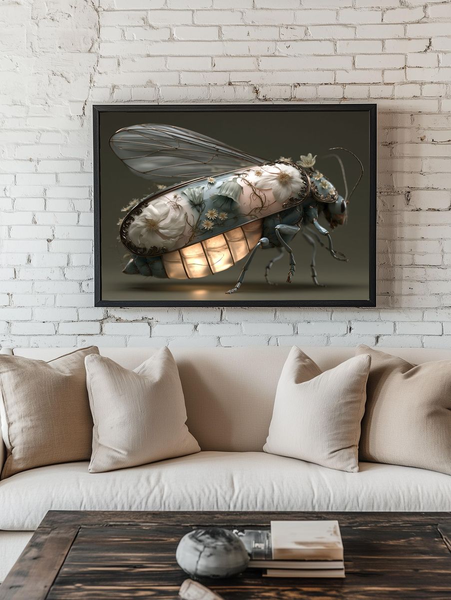 Floral Beetle Surrealism Print. room preview