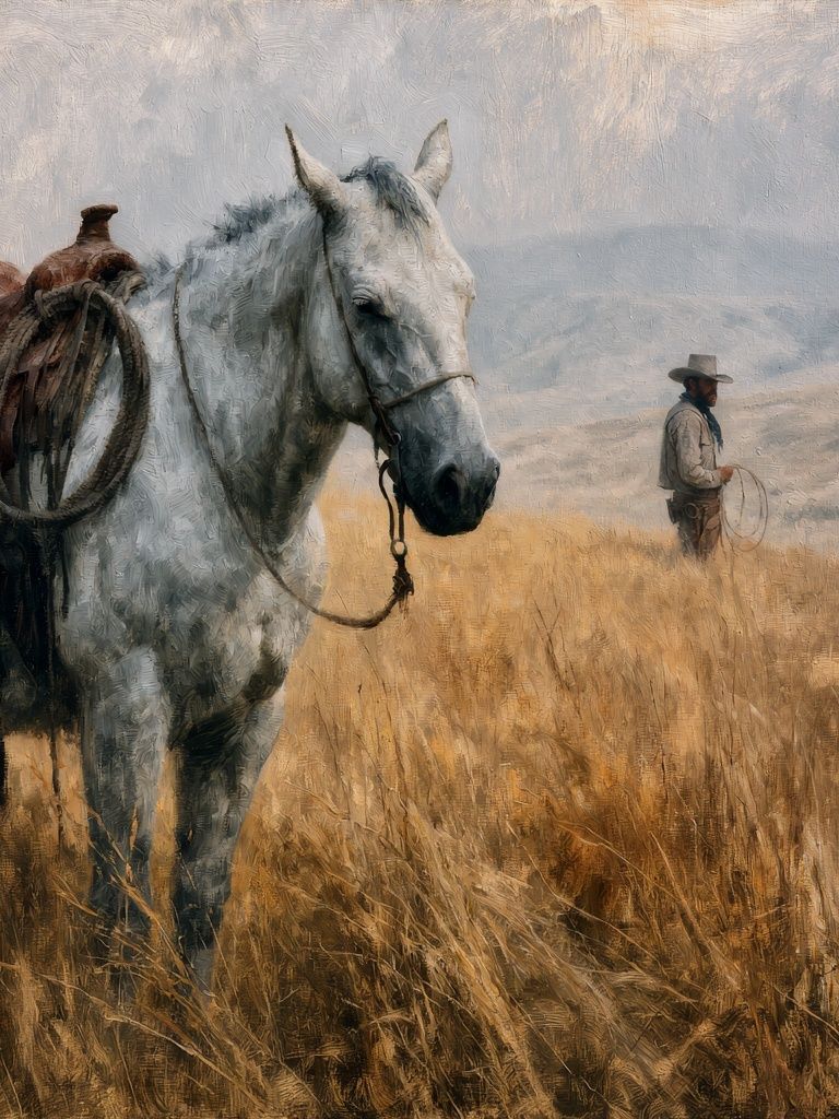 Cowboy Horse in Field — Fine-Art Print. poster — fine-art art