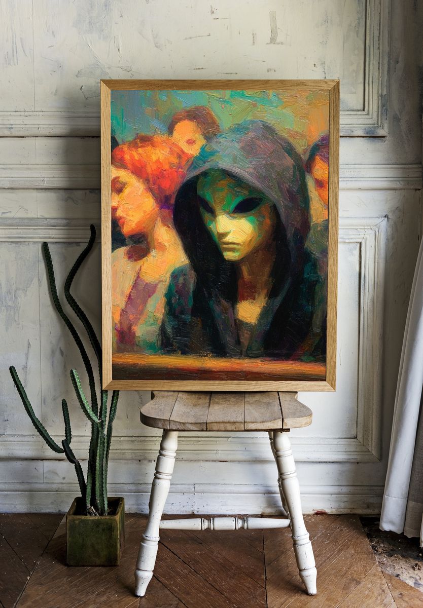 Masked Figures Surrealism Print. room preview